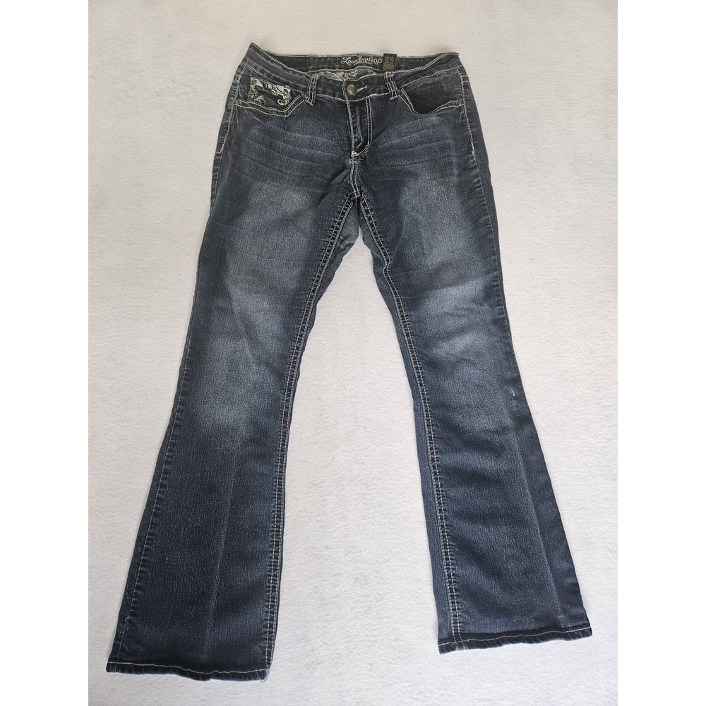Y2K Cyber McBling Love Indigo Premium Bootcut Jeans Distressed Dark Wash Size 12